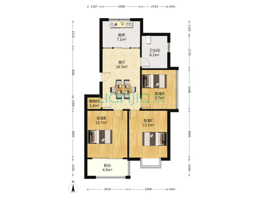 蔡尖花园 3室1厅1卫 87平方