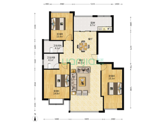 新兴茗苑 3室1厅2卫 115平方