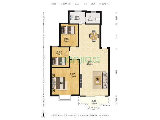 家合苑（西政） 3室1厅1卫 105平方