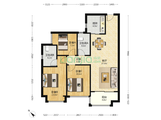 海口时光里 3室1厅2卫 100平方