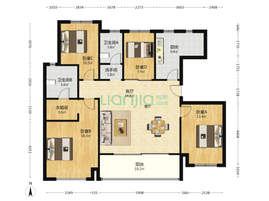 前山澜庭A区 4室1厅3卫 140平方