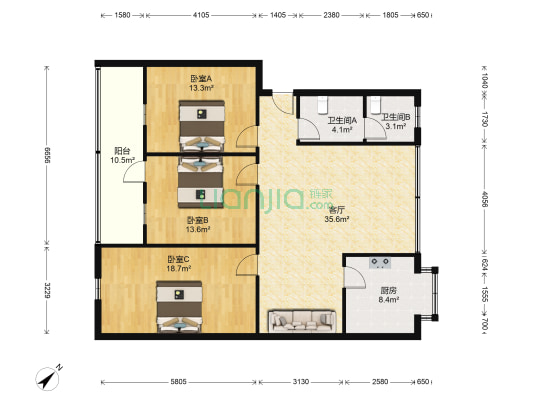 牡丹小区 3室1厅2卫 128平方