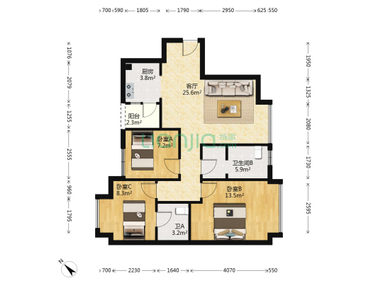 华远世纪 3室1厅2卫 80平方