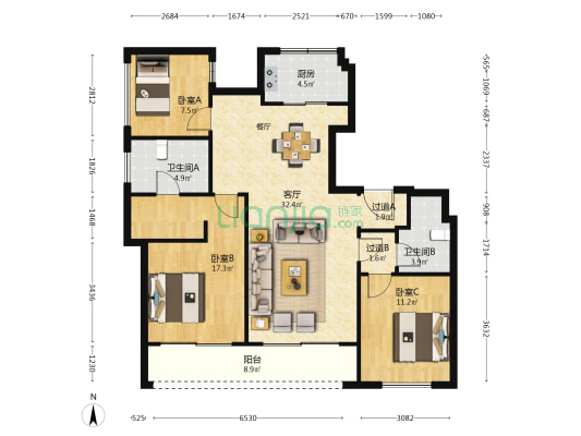 永丰天第 3室1厅2卫 121平方
