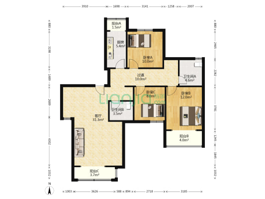 于家下河 3室1厅2卫 145平方