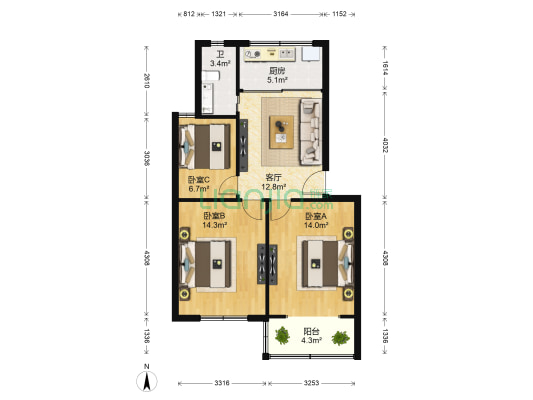 狮山新村 3室1厅1卫 71平方