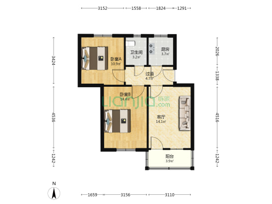 徽州大道 2室1厅1卫 68平方