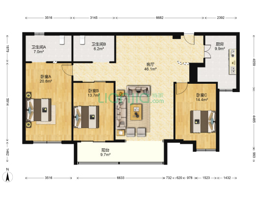 新闻出版局宿舍 3室1厅2卫 177平方