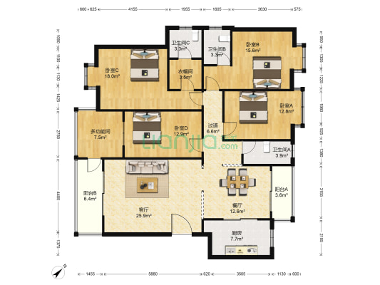 金色家园 5室2厅3卫 158平方