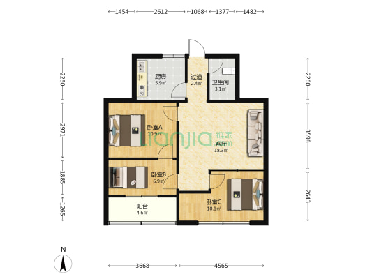 国土局家属院二号院 3室1厅1卫 76平方