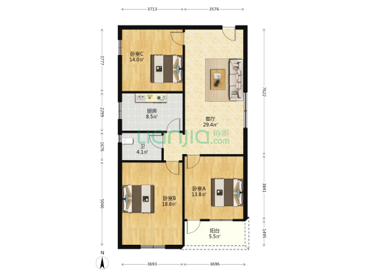 景泰楼 3室1厅1卫 124平方
