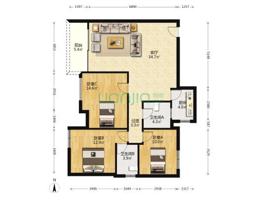 玉竹街3号 3室1厅2卫 114平方