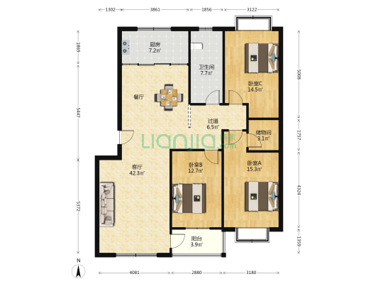 乾元褔居 3室1厅1卫 137平方