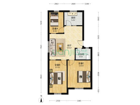 市政公寓 3室1厅1卫 82平方