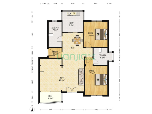 锦沪花苑 2室1厅2卫 123平方