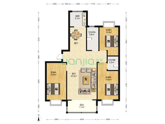铭海花园西区 3室1厅2卫 166平方