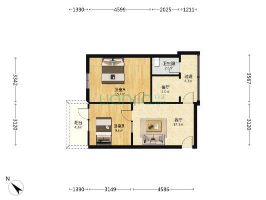 和平街14号 2室2厅1卫 58平方
