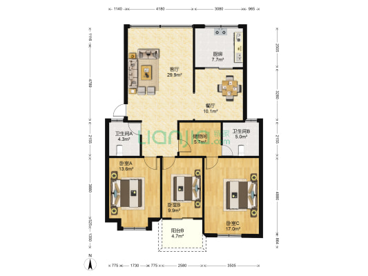 冠达东方兰庭 3室2厅2卫 116平方