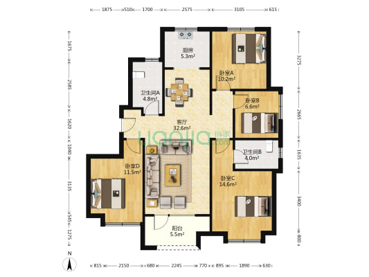 海尔悦湖兰庭三期 4室1厅2卫 125平方