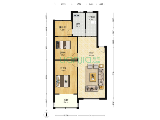 开源小区 2室1厅1卫 89平方