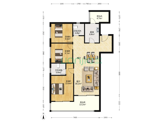 万科城E区 3室1厅2卫 114平方
