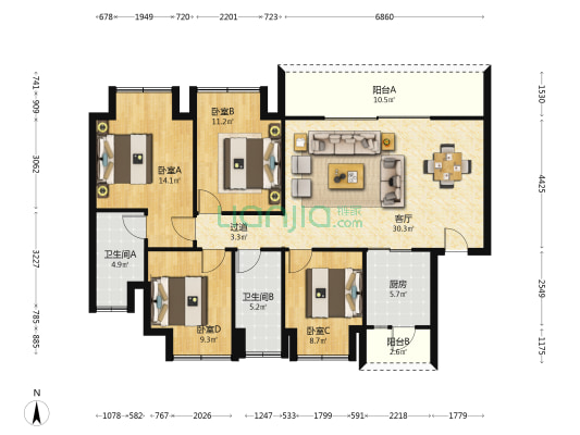 腾龙居公园华府二期 4室1厅2卫 120平方