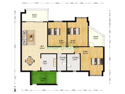 文星花园 3室1厅2卫 136平方