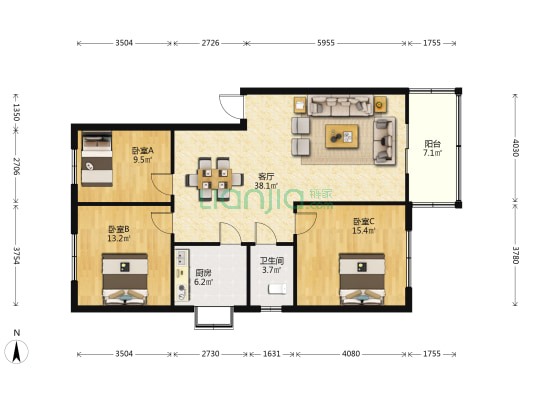 沁德园 3室1厅1卫 110平方