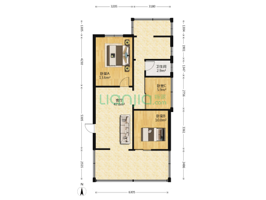 房产大院 3室1厅1卫 77平方