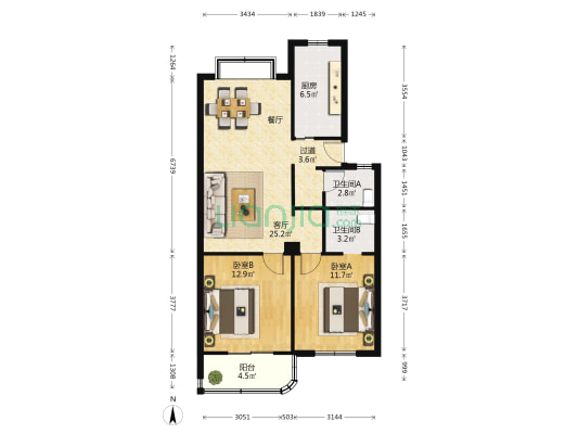 万寿花园 2室1厅2卫 85平方