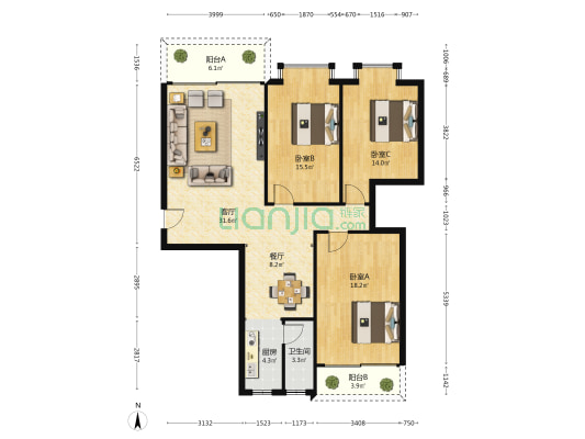 凤起路1号 3室2厅1卫 120平方