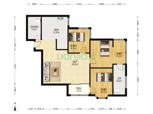 华远大厦 3室1厅2卫 110平方