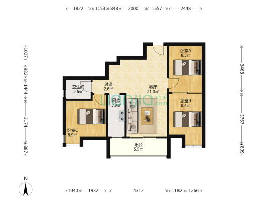 东堤水岸 3室1厅1卫 83平方