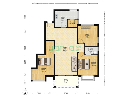 璟鹏华府 3室1厅1卫 100平方