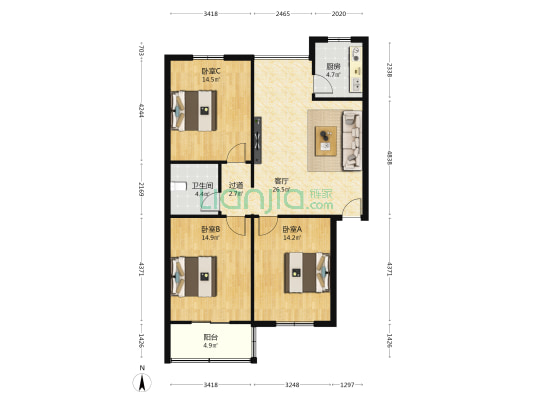 蓝丰新天地 3室1厅1卫 108平方