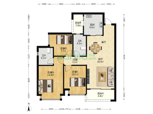 恒大悦珑台 3室1厅2卫 107平方