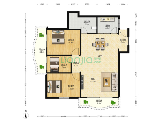 祥云公寓 3室1厅1卫 133平方