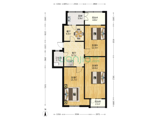 乡镇局 3室2厅1卫 86平方