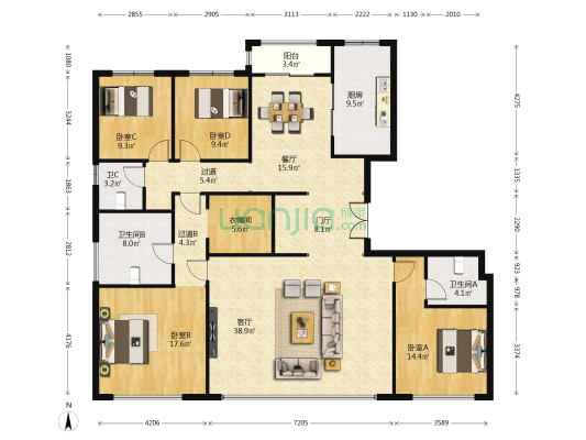 长安金茂府 4室2厅3卫 206平方