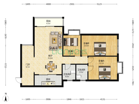 龙华一品 3室1厅2卫 126平方