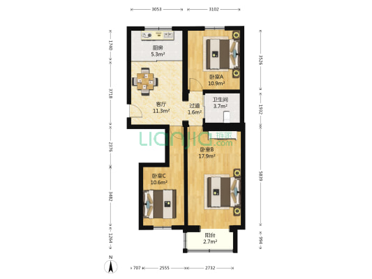 清逸园 3室1厅1卫 82平方