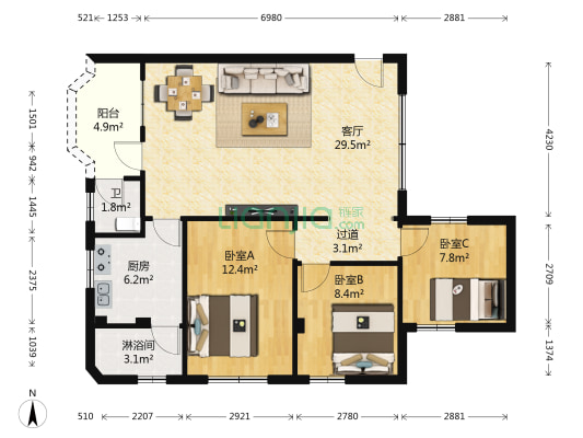 升华巷15号 3室1厅2卫 96平方