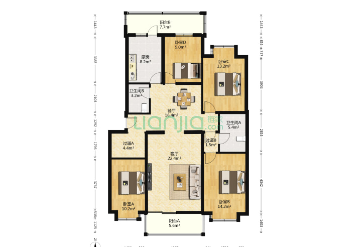 4室2厅2卫147.47㎡-北京清和园户型图