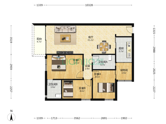 松盛大厦 3室1厅2卫 101平方