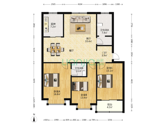 宝业花园 3室1厅2卫 125平方