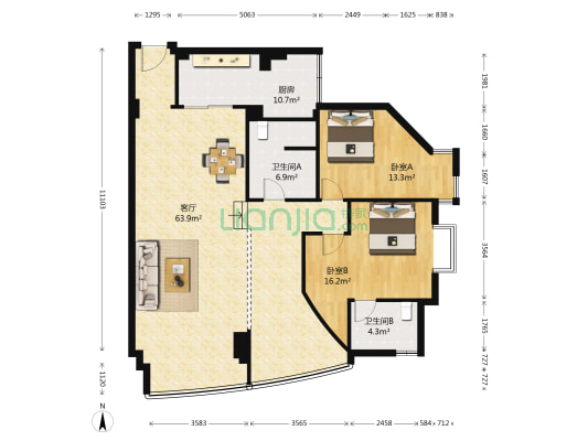 金陵大厦 2室1厅2卫 130平方