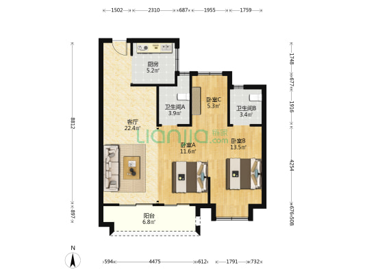 南德缦和美域 3室1厅2卫 90平方