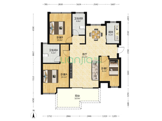 金地·水木海棠 3室1厅2卫 105平方