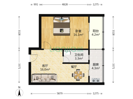 黑石礁广场 1室1厅1卫 53平方
