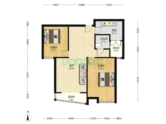 御景园全南两居  精装修 中高好楼层 全天采光-户型图